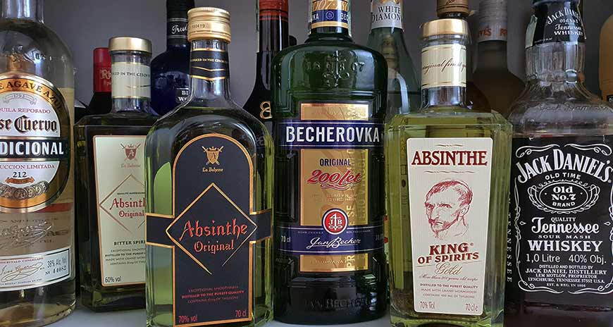 Bottles of alcohol - Absinthe, Becherovka, Jack Daniel's